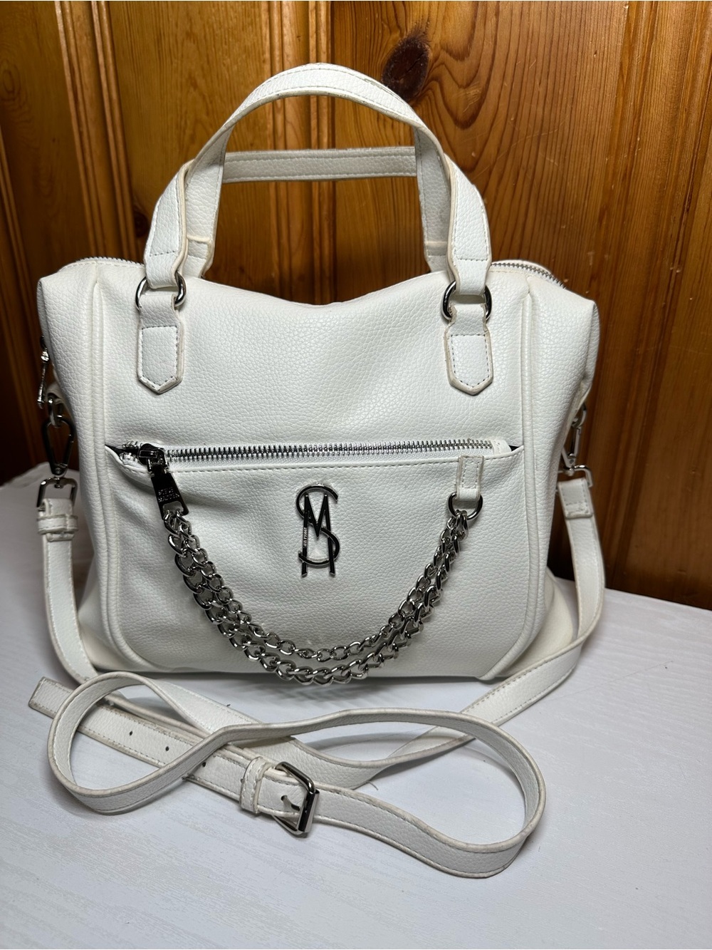Steve Madden White Chain-Accent Crossbody Satchel
